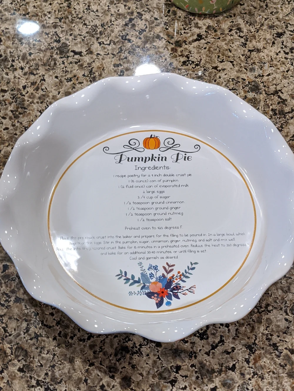 Pumpkin Pie Baking Dish Recipe Pie Plate Thanksgiving Fall Autumn Dessert